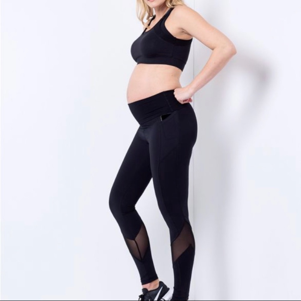 Over the belly maternity leggings w/mesh insets.